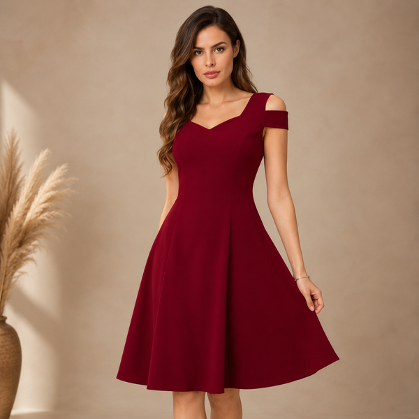 Elegant wine red fit-and-flare dress featuring a chic cold-shoulder design and flattering feminine silhouette.