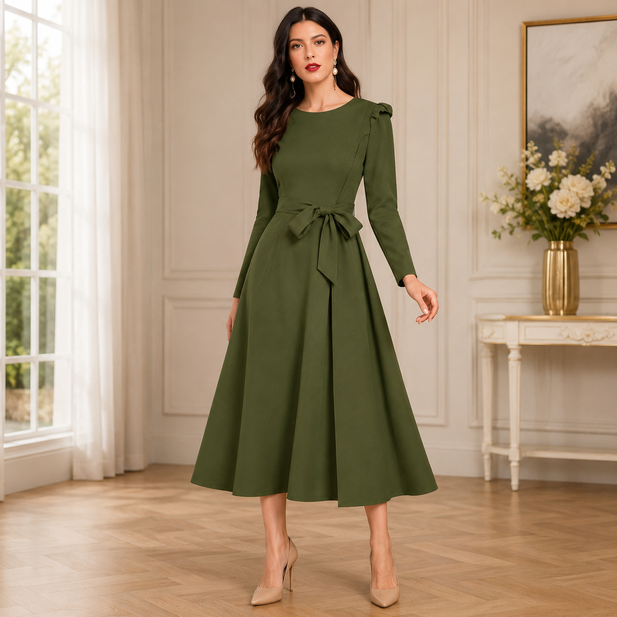 Elegant olive-green A-line dress with long sleeves and a graceful flared silhouette for a sophisticated timeless look.