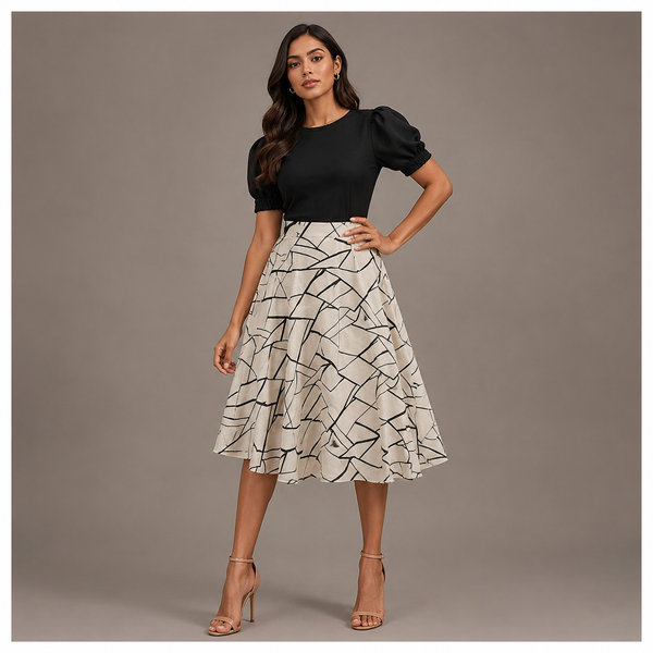 Elegant black and ivory midi dress featuring puff sleeves and an abstract printed flared skirt for a classy modern look.
