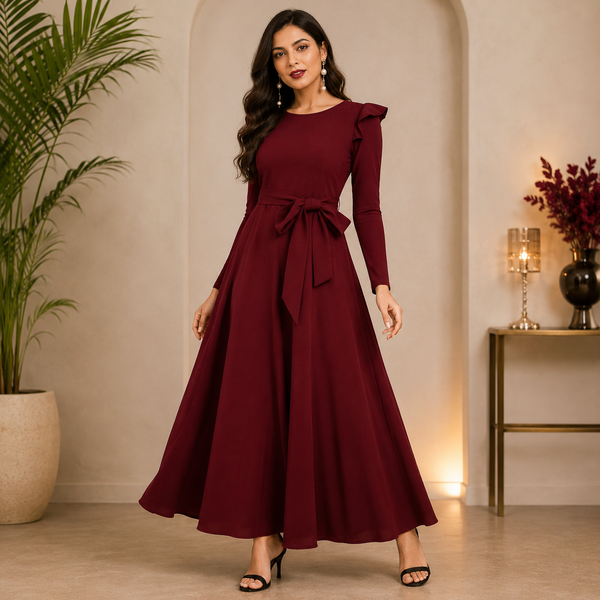 This graceful maroon maxi dress features a full-sleeve design with elegant shoulder.
