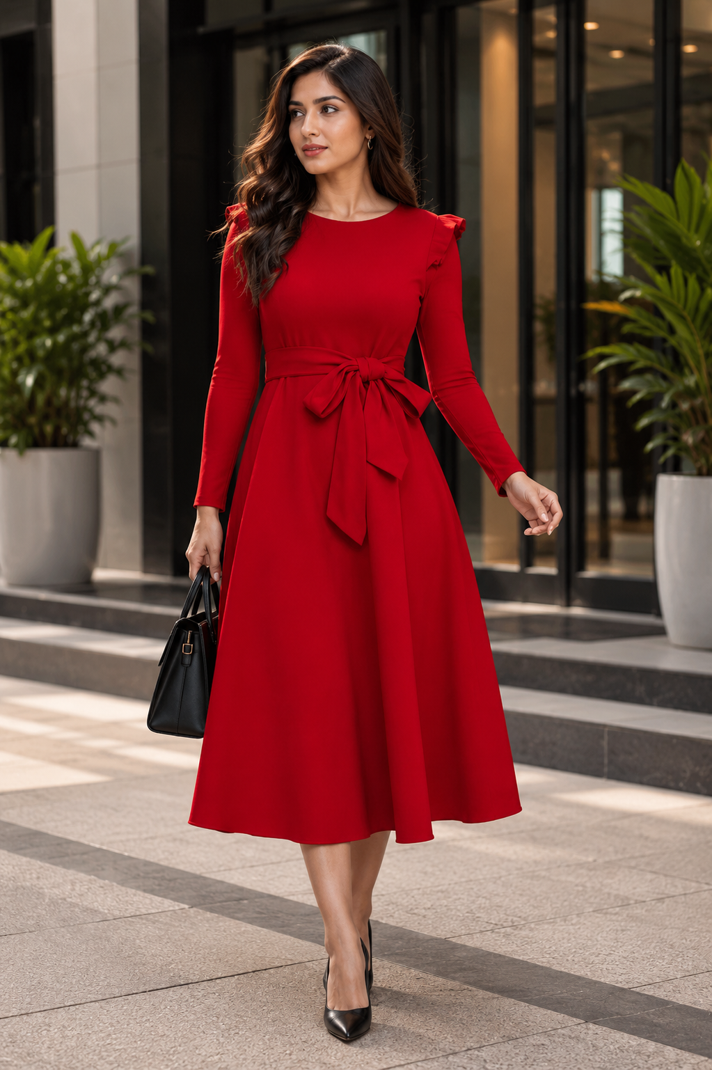 Elegant red A-line midi dress with a stylish waist tie detail and graceful feminine silhouette.