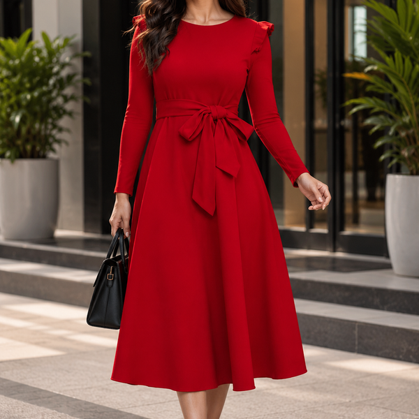 Elegant red A-line midi dress with a stylish waist tie detail and graceful feminine silhouette.