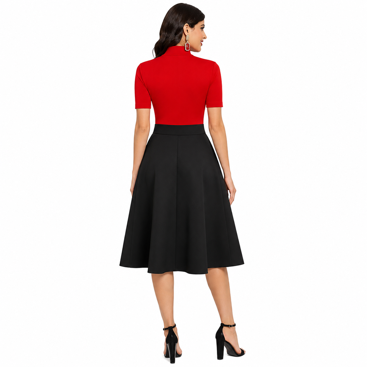 Elegant red high-neck top paired with a flared black midi skirt for a chic party-ready look.