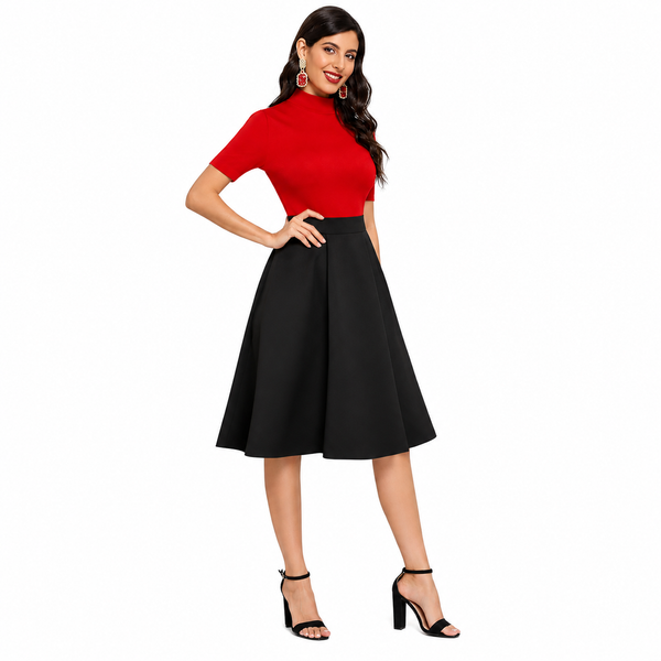 Elegant red high-neck top paired with a flared black midi skirt for a chic party-ready look.