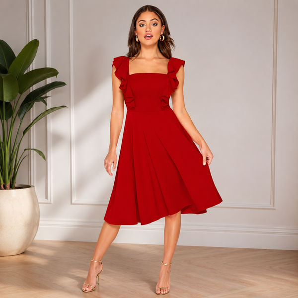Elegant red fit-and-flare dress with ruffle sleeves and a graceful feminine silhouette for a chic stylish look.