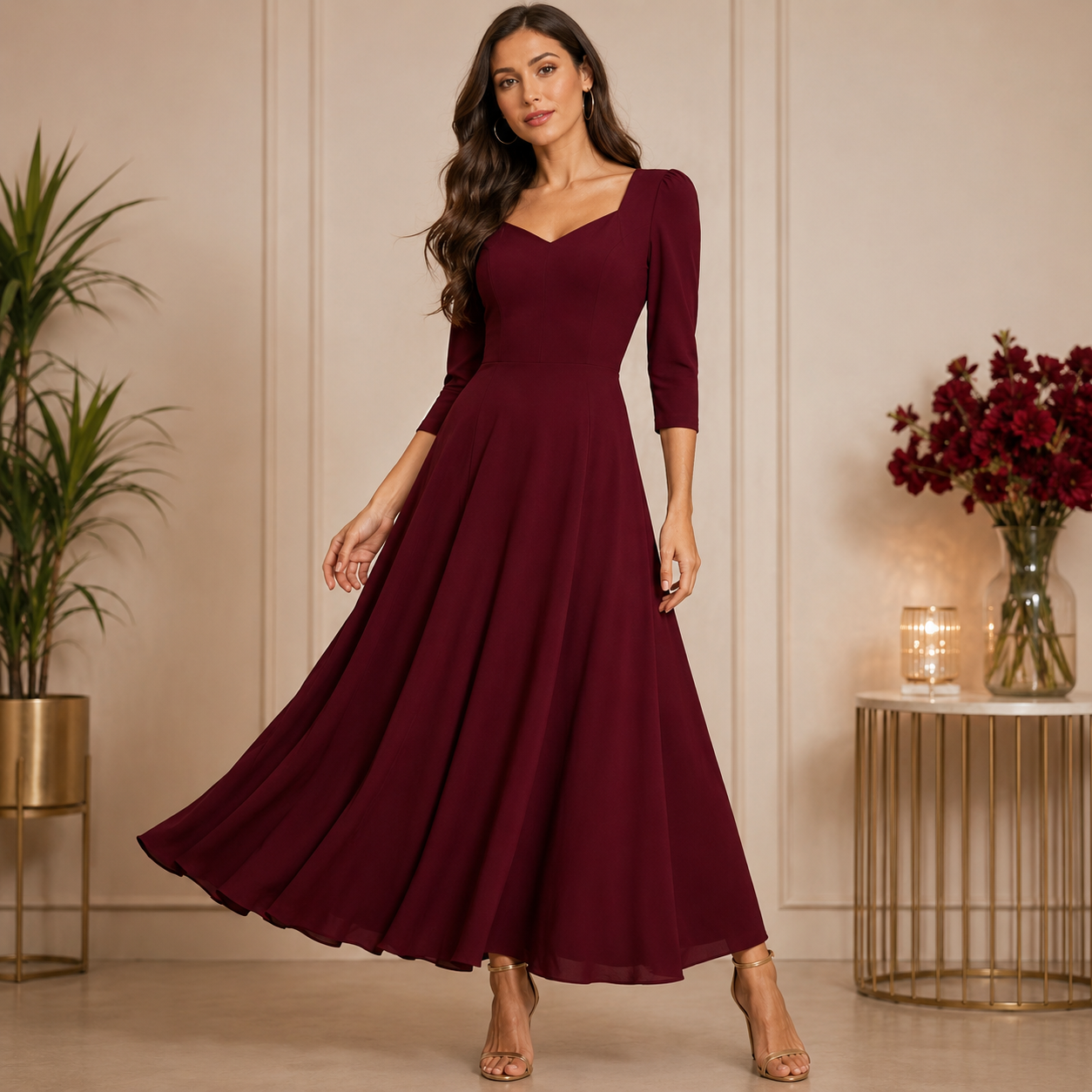 Elegant wine-colored maxi dress with a sweetheart neckline and graceful flowy silhouette for a timeless sophisticated look
