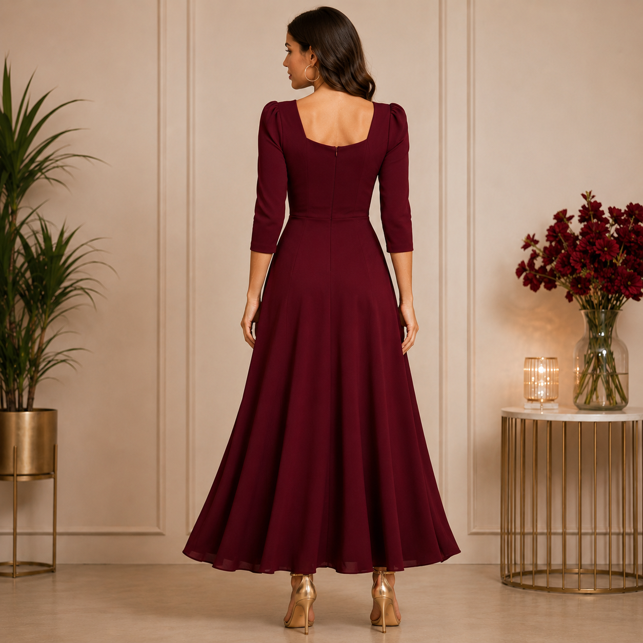 Elegant wine-colored maxi dress with a sweetheart neckline and graceful flowy silhouette for a timeless sophisticated look