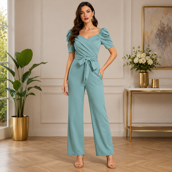 Elegant pista green puff-sleeve jumpsuit with a flattering wrap neckline and stylish waist tie for a chic modern look.