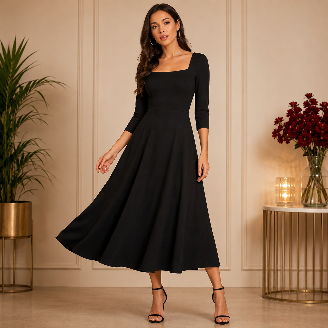 Elegant black fit-and-flare midi dress with a square neckline and timeless graceful silhouette.