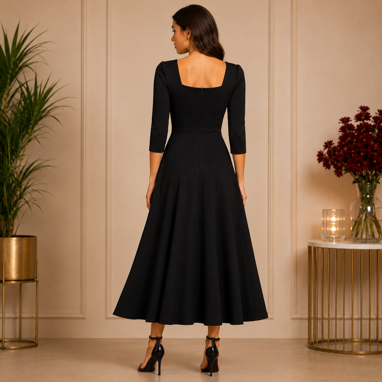 Elegant black fit-and-flare midi dress with a square neckline and timeless graceful silhouette.