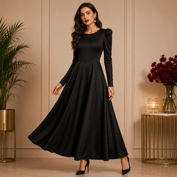 Elegant black maxi dress with statement shoulder detailing and a graceful flowy silhouette for a timeless sophisticated look.