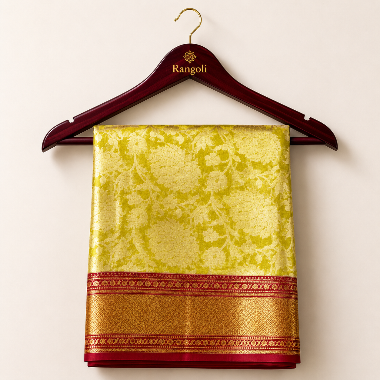 Kanchipattu lime green saree with shimmering floral zari weaving and a rich red-gold border for a radiant traditional look.