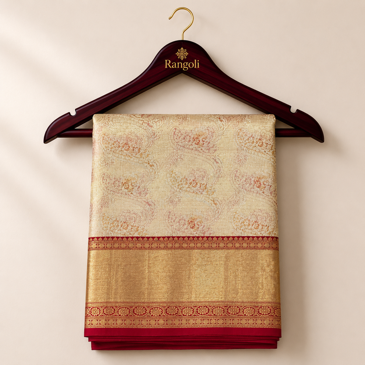 Kanchipattu cream gold saree with intricate zari paisley weaving and a rich red-gold border for a timeless festive look.