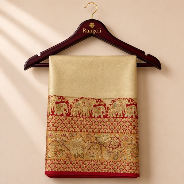 Kanchipattu champagne gold saree with an ornate red zari border featuring elephant and floral motifs for a grand traditional look.