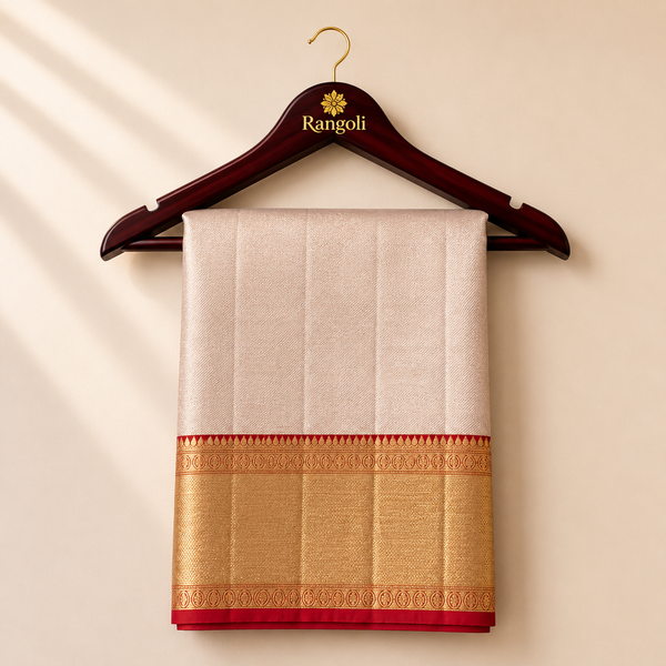 Kanchipattu pearl gold saree with a rich gold zari border and crimson red edging for a timeless traditional look.