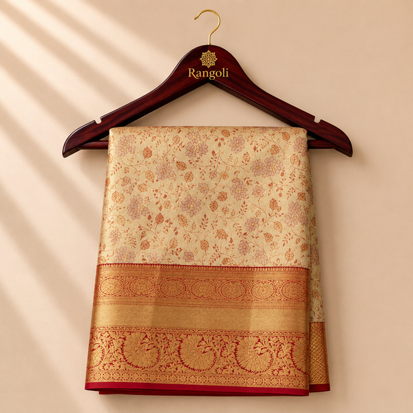 Kanchipattu cream saree with floral vine motifs and rich red zari border detailing.