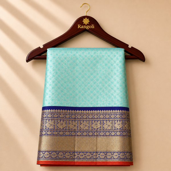 Kanchipattu seafoam green saree with intricate zari weaving and royal blue temple border.