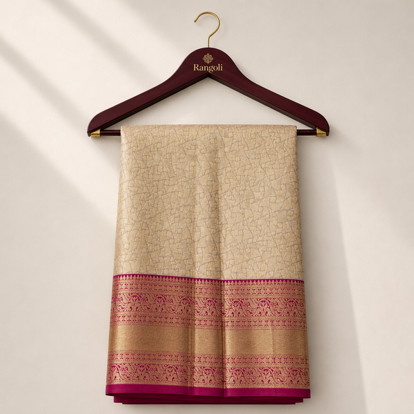 Elegant cream and magenta Kanchipattu silk saree featuring intricate geometric zari weaving with a rich golden zari border for a regal festive look.