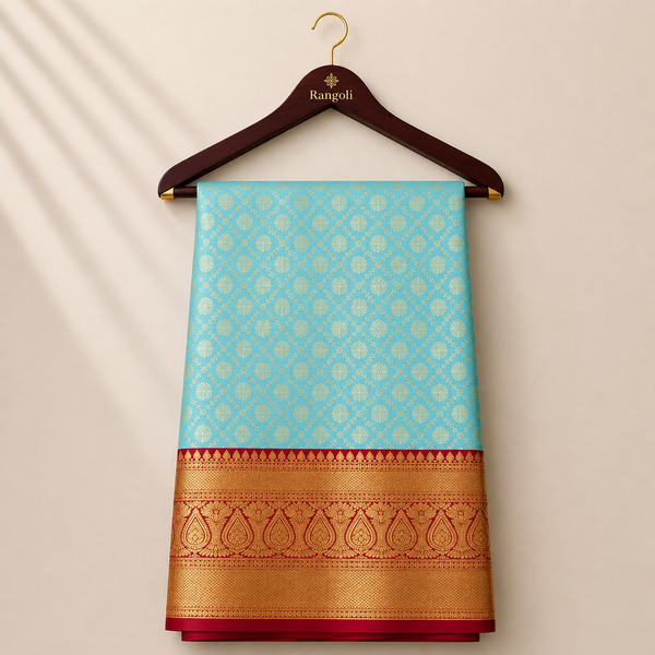 Sky blue Kanchipattu silk saree featuring delicate zari butta weaving with a rich crimson red zari border for a regal festive look.