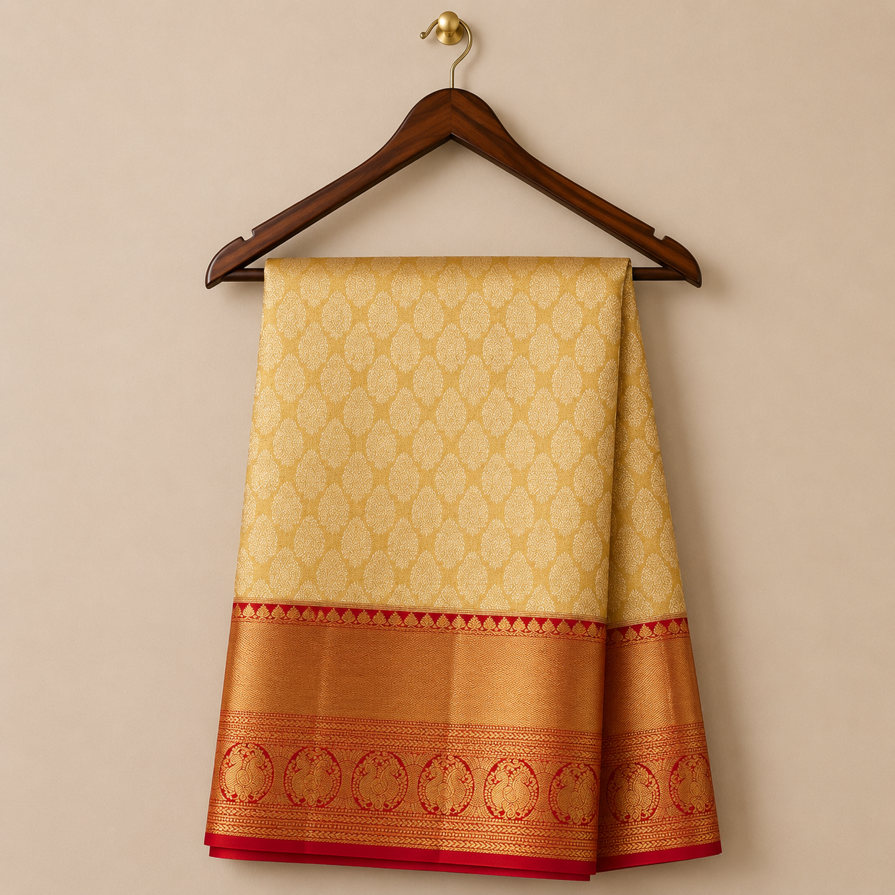 Elegant gold cream Kanchipattu saree featuring intricate zari woven motifs with a rich scarlet red zari border for a regal festive look.