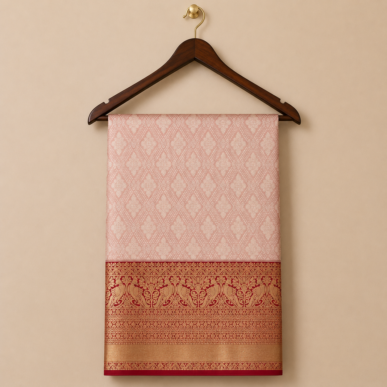 Pastel pink Kanchipattu saree featuring intricate zari woven motifs with a rich red and gold traditional zari border.  Elegant draped saree with gold accents