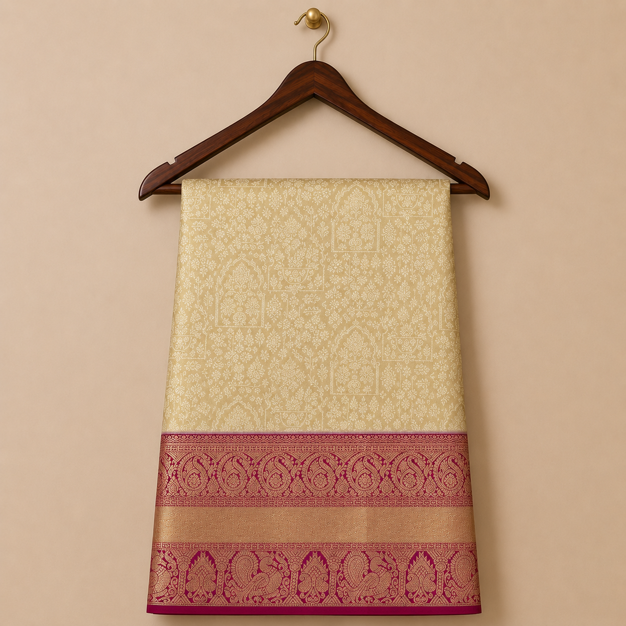 Graceful beige Kanchipattu saree featuring intricate zari woven traditional motifs with a rich maroon and gold zari border.