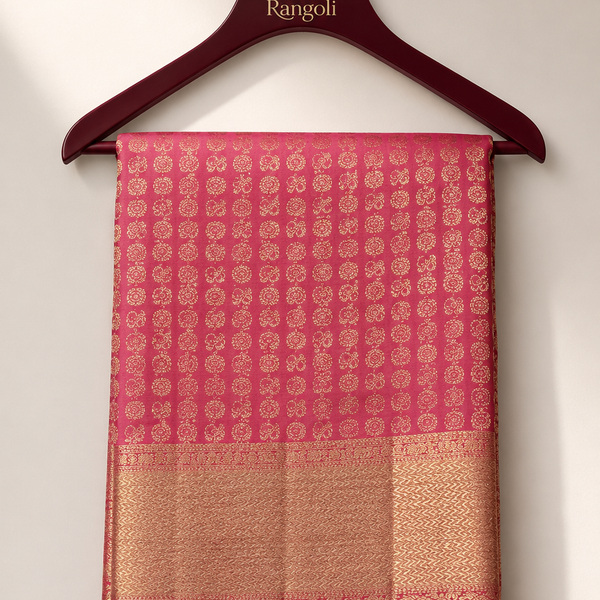 Coral pink Kanchipattu saree featuring intricate gold zari woven motifs with a rich traditional zari border.
