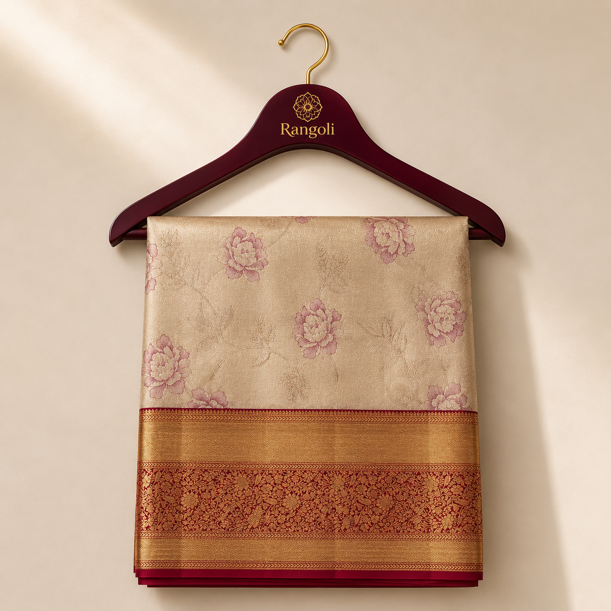 Champagne gold Kanchipattu saree featuring delicate mauve floral weaving with a rich traditional zari border.
