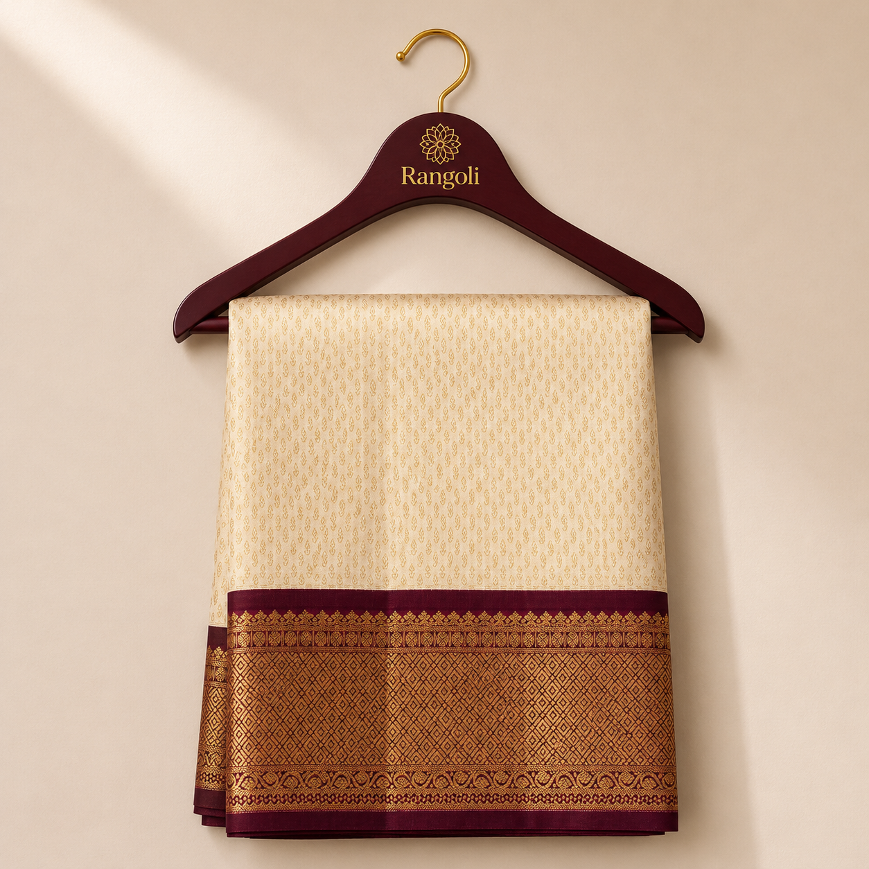 Ivory Kanchipattu saree featuring subtle gold zari weaving with a rich deep maroon zari border.