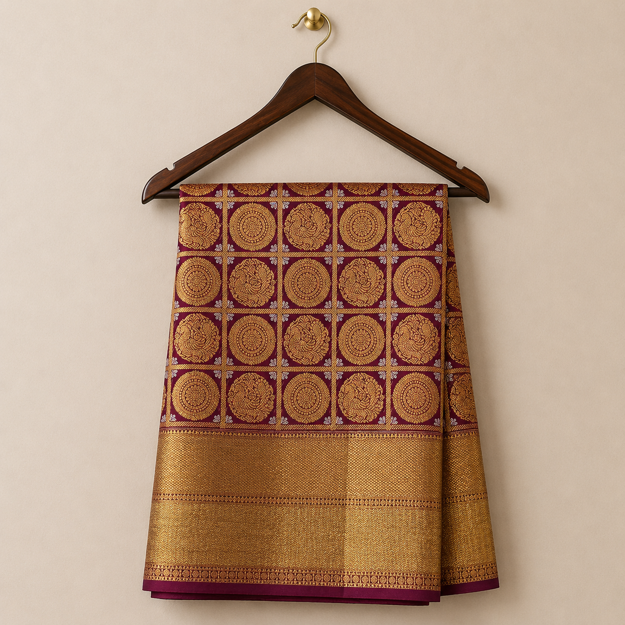 Rich wine maroon Kanchipattu saree featuring intricate gold zari circular motifs with a grand traditional zari border for a regal festive look.