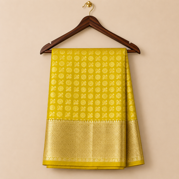 Elegant chartreuse Kanchipattu saree featuring delicate gold zari motifs with a rich woven gold zari border for a graceful festive look.