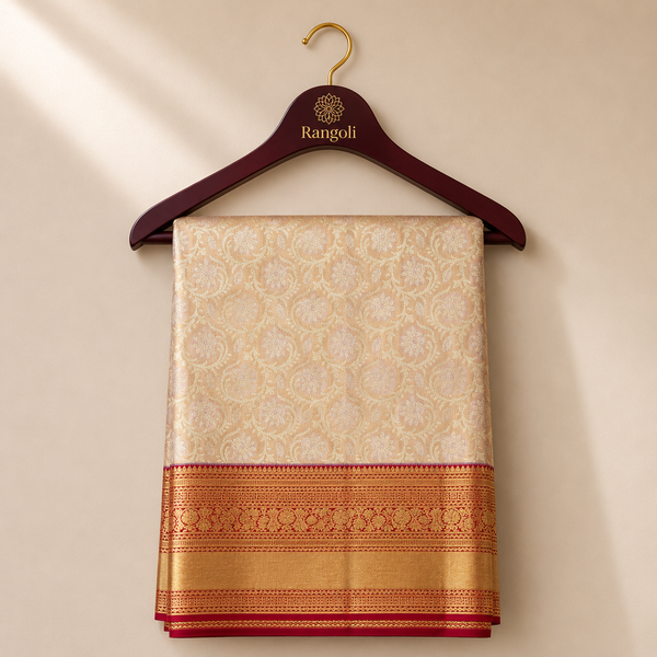Ivory Kanchipattu saree featuring intricate floral zari weaving with a rich wine maroon zari border.