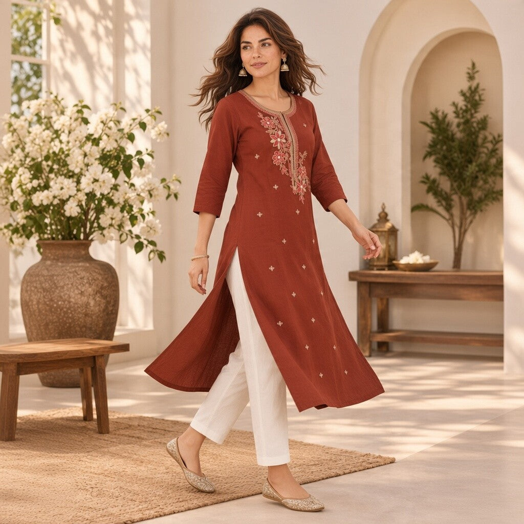 Rust Embroidered Straight Kurta Set