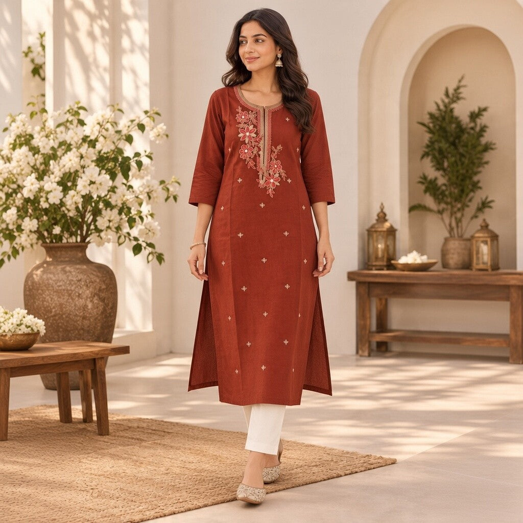 Rust Embroidered Straight Kurta Set