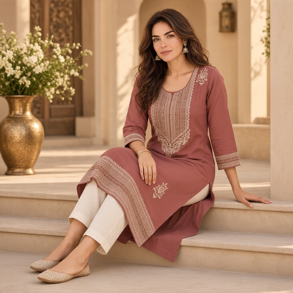 Dusty Rose Embroidered Kurta Set