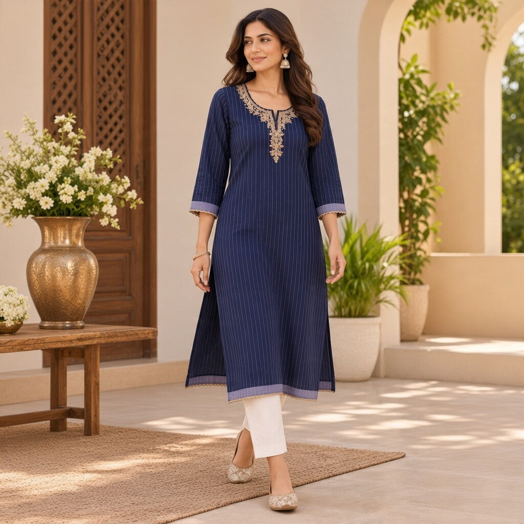 Elegant Navy Blue Embroidered Kurta set