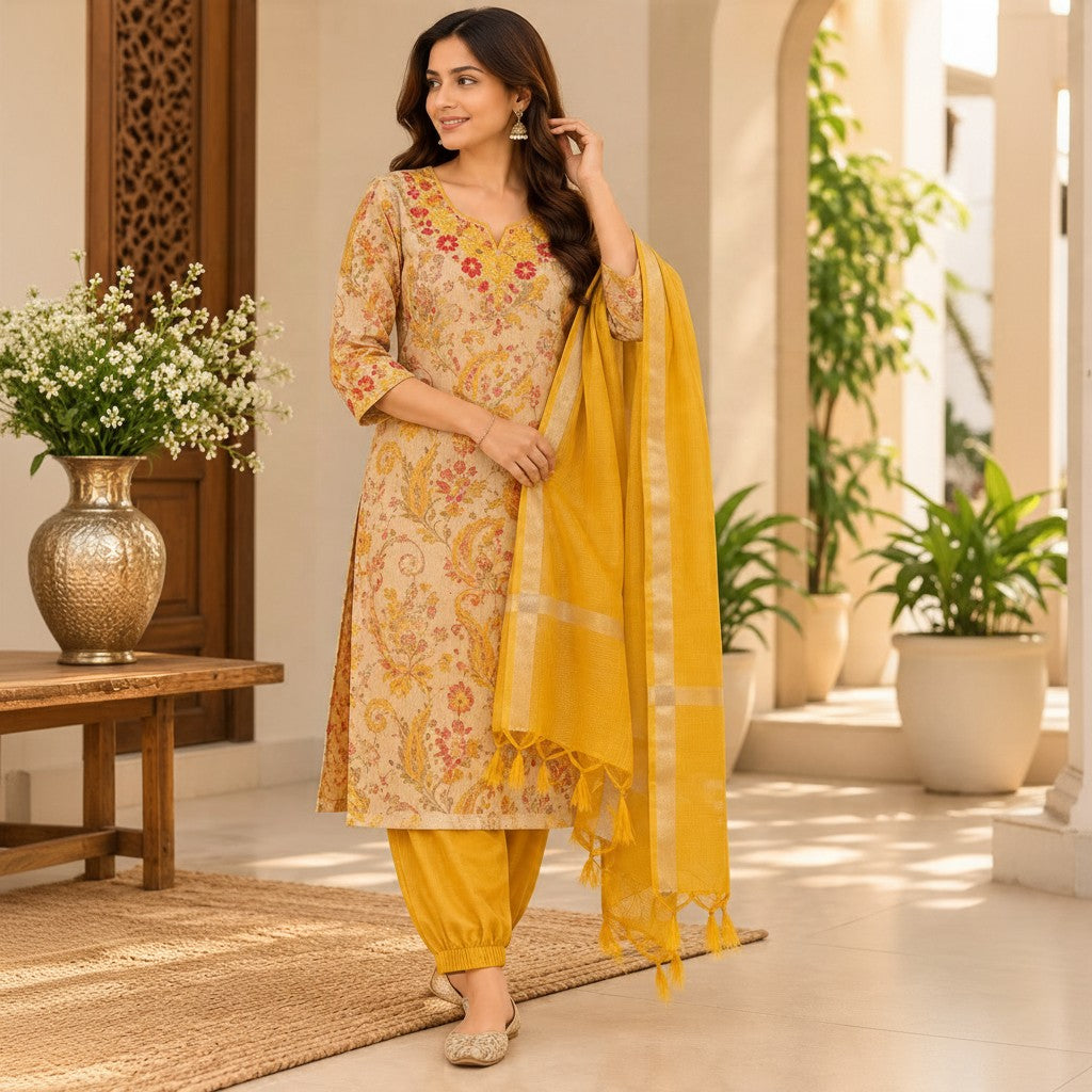 Mustard Elegance Embroidered Kurta Set