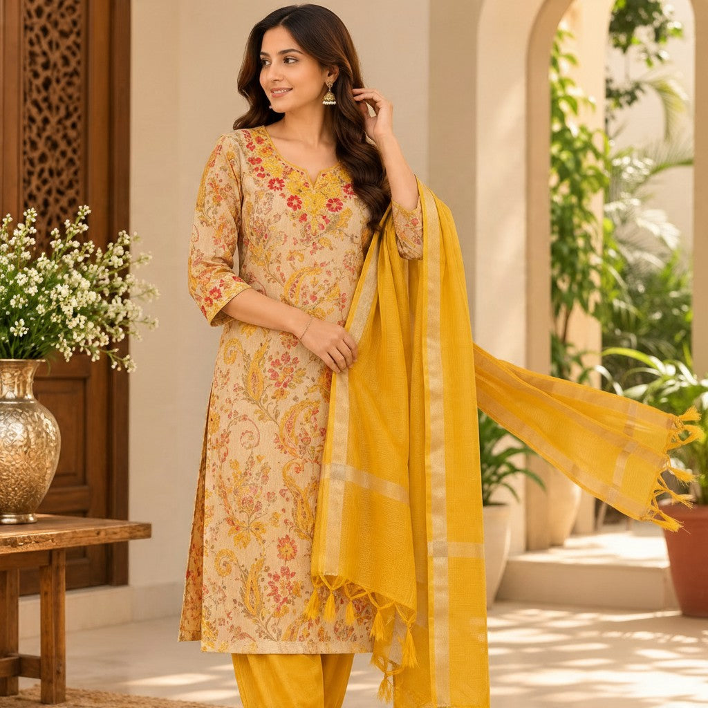 Mustard Elegance Embroidered Kurta Set
