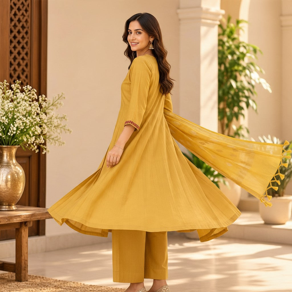 Mustard Gold Floral Embroidered Salwar Suit Set