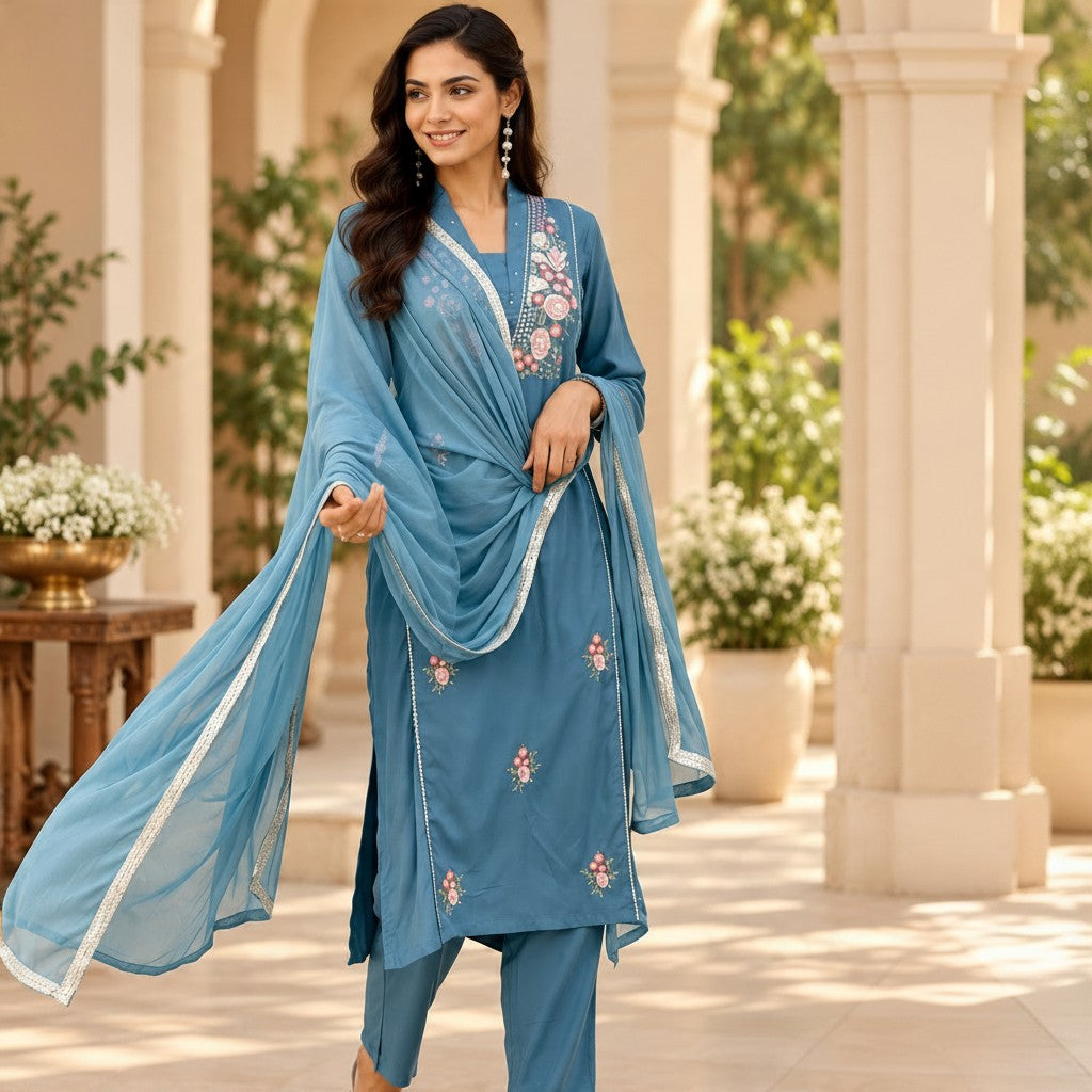 Teal Blue Floral Embroidered Salwar Suit Set