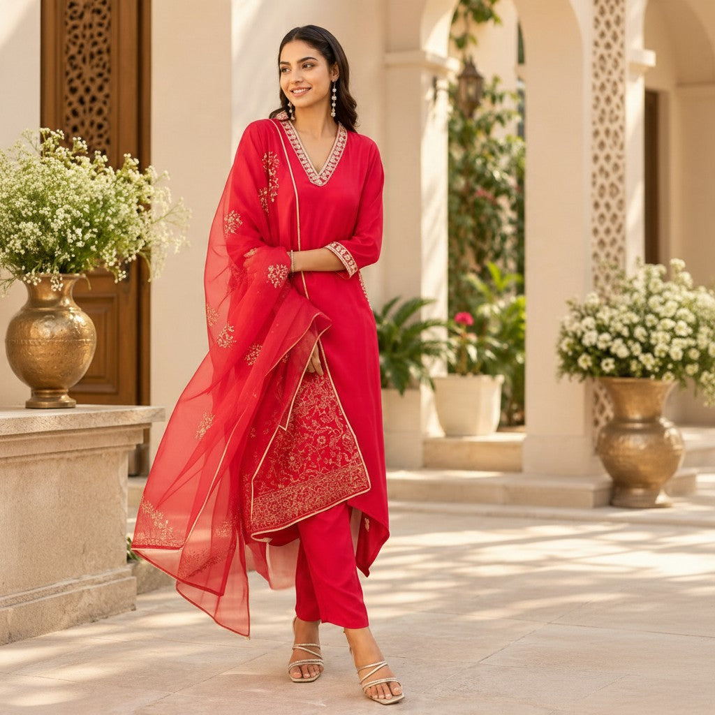 Rose Red Embroidered Salwar Suit Set