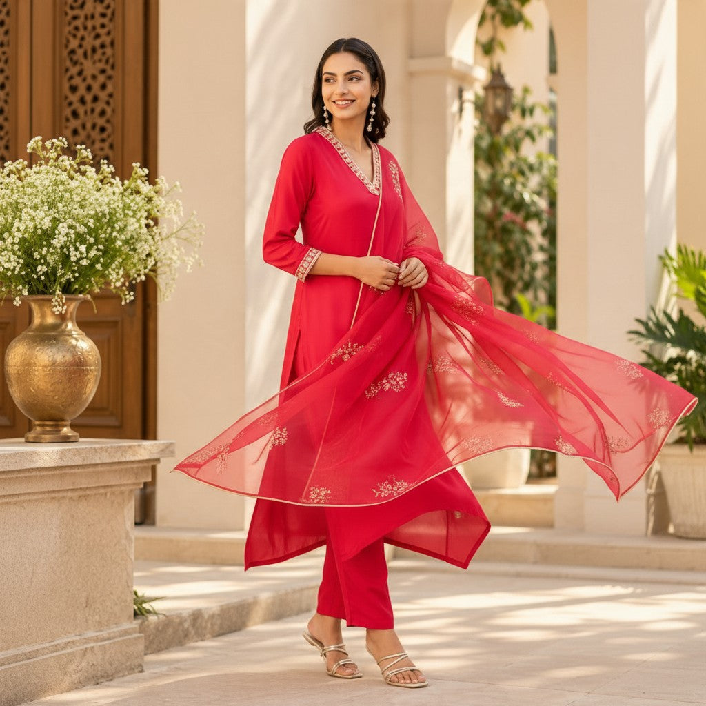 Rose Red Embroidered Salwar Suit Set