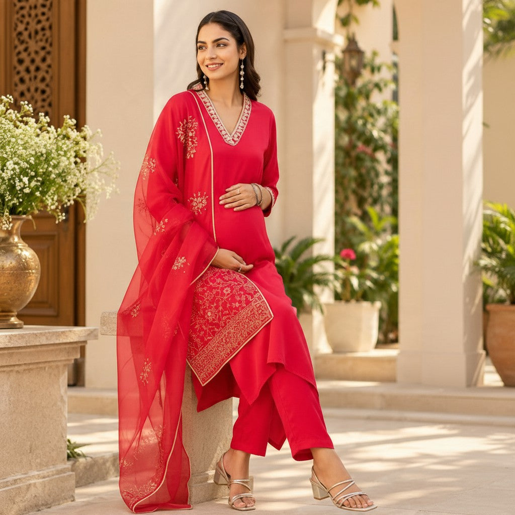Rose Red Embroidered Salwar Suit Set
