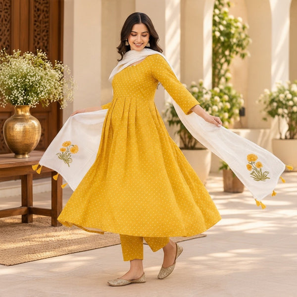 Mustard Yellow Polka Dot Kurta Set with Floral Dupatta Set