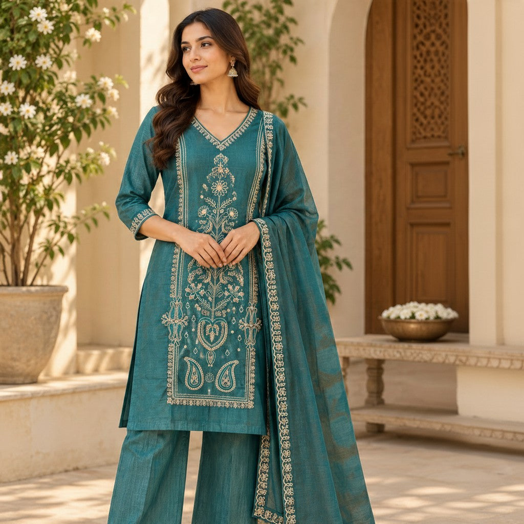 Teal Green Embroidered Kurta Set