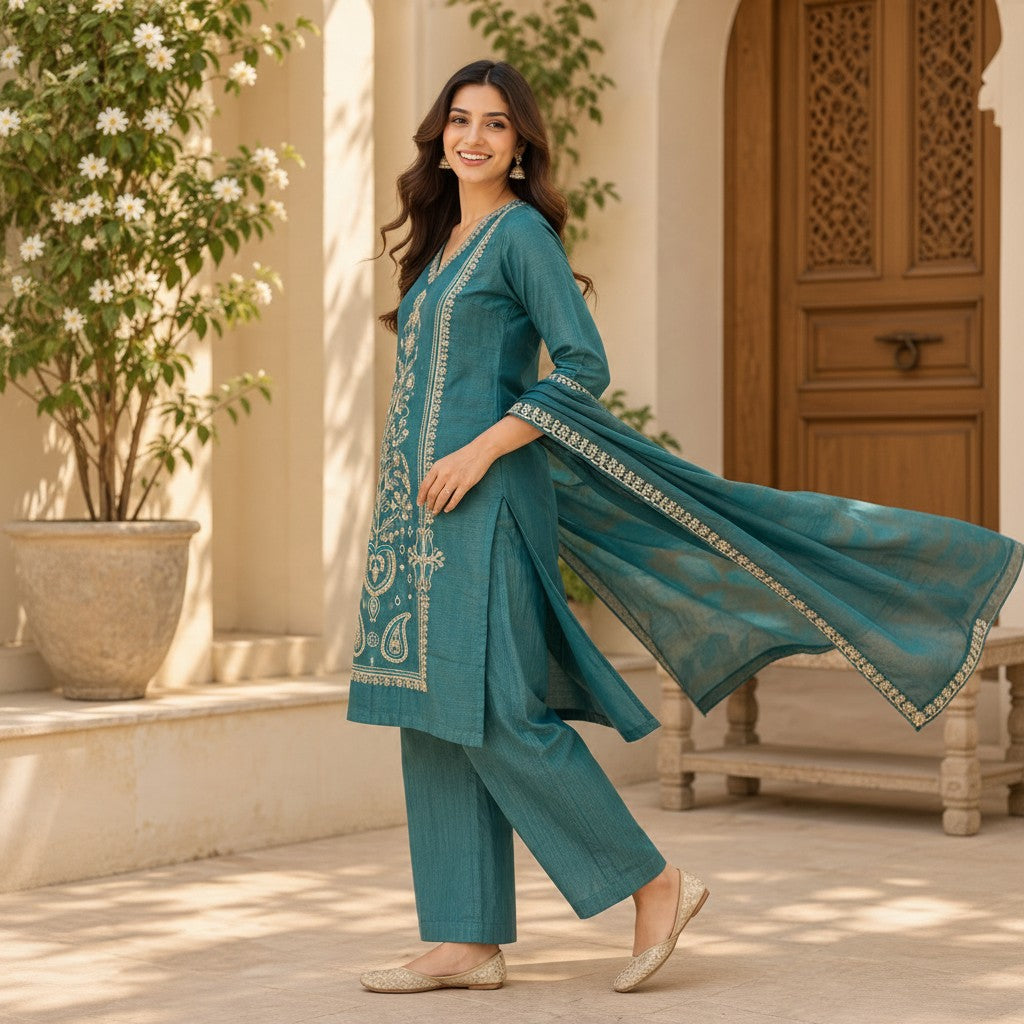 Teal Green Embroidered Kurta Set