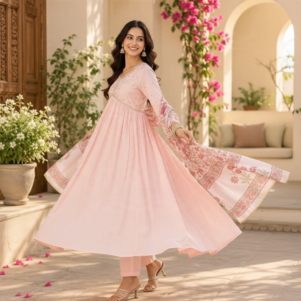 Blush Pink Floral Anarkali Set