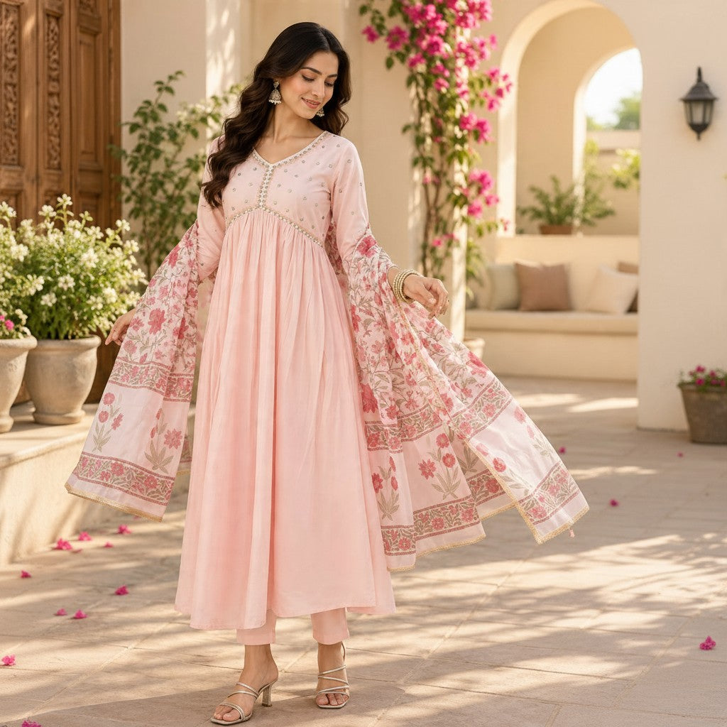 Blush Pink Floral Anarkali Set