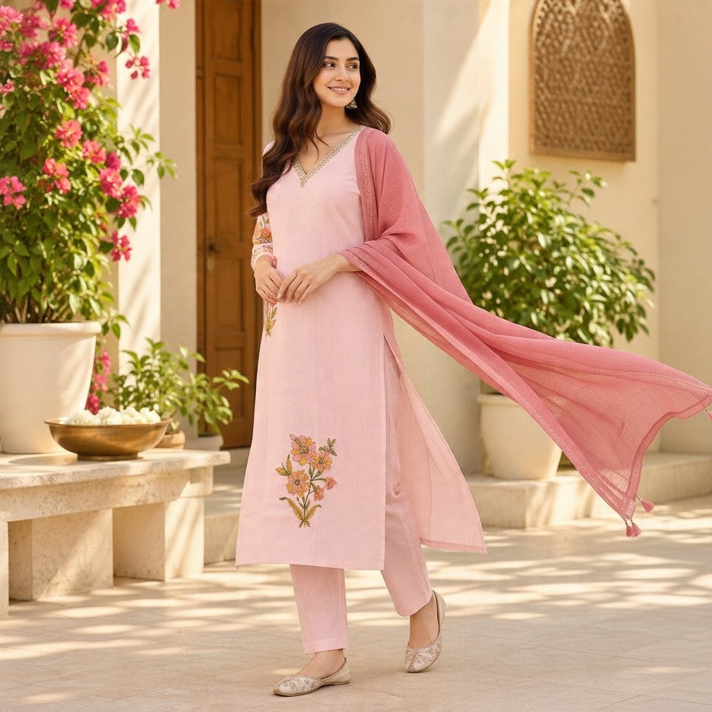 Blush Pink Floral Embroidered Kurta Set