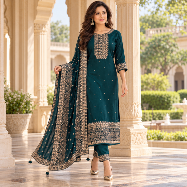 Elegant Teal Green Embroidered Salwar Suit with Designer Chunni